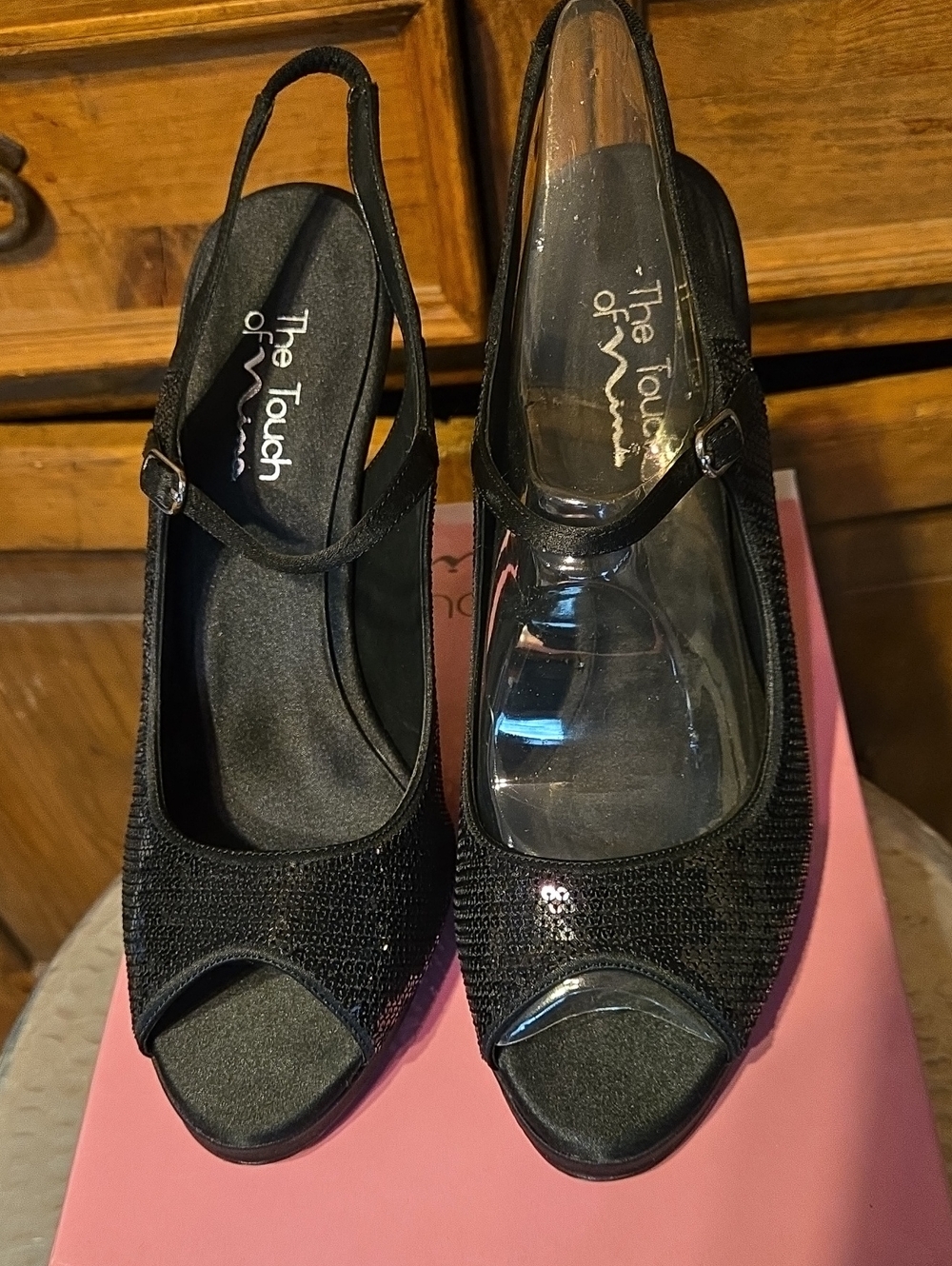 Touch of Nina Black Sequin Open-Toe Slingback Heels with Ankle Strap